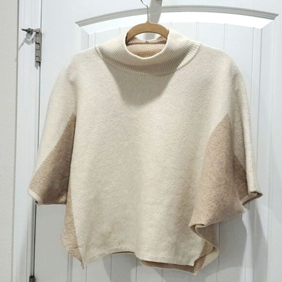 Wool/Cashmere Color Block Mock Neck Poncho Sweater Shawl, one size - Picture 1 of 4